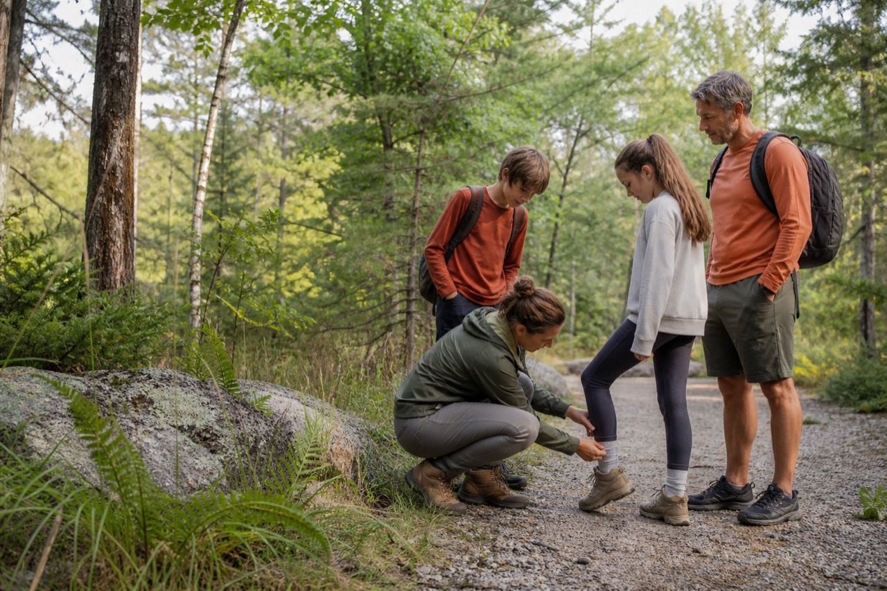 Family checking for ticks after a walk on a Canadian woodland trail